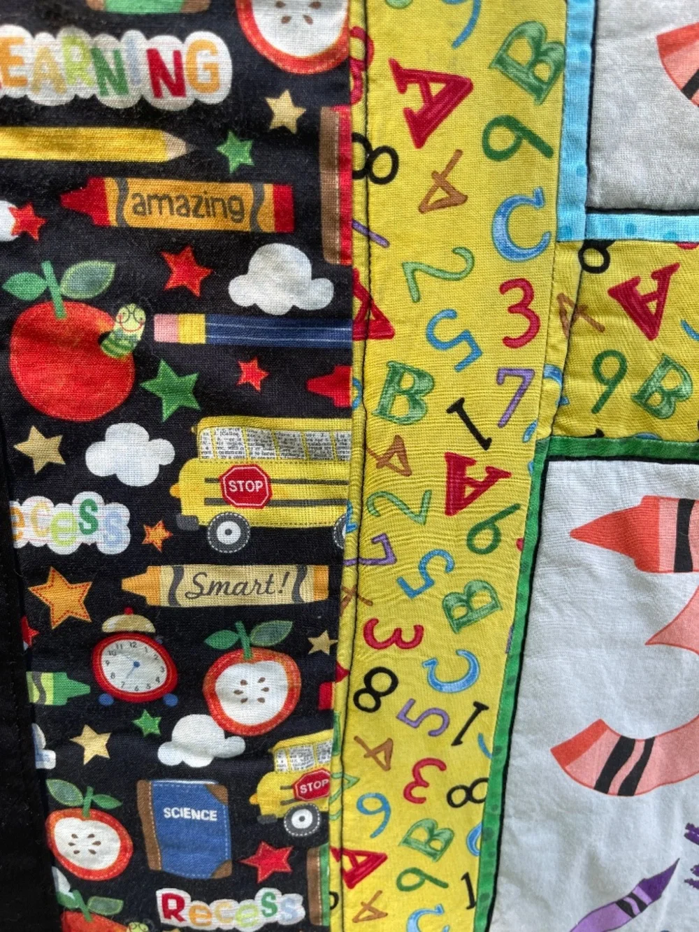 Handmade Crayola counting quilt 44x54 vintage school house design